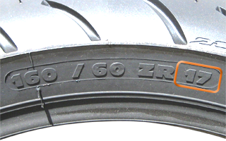 motorbike tyre tire wall showing diameter marking